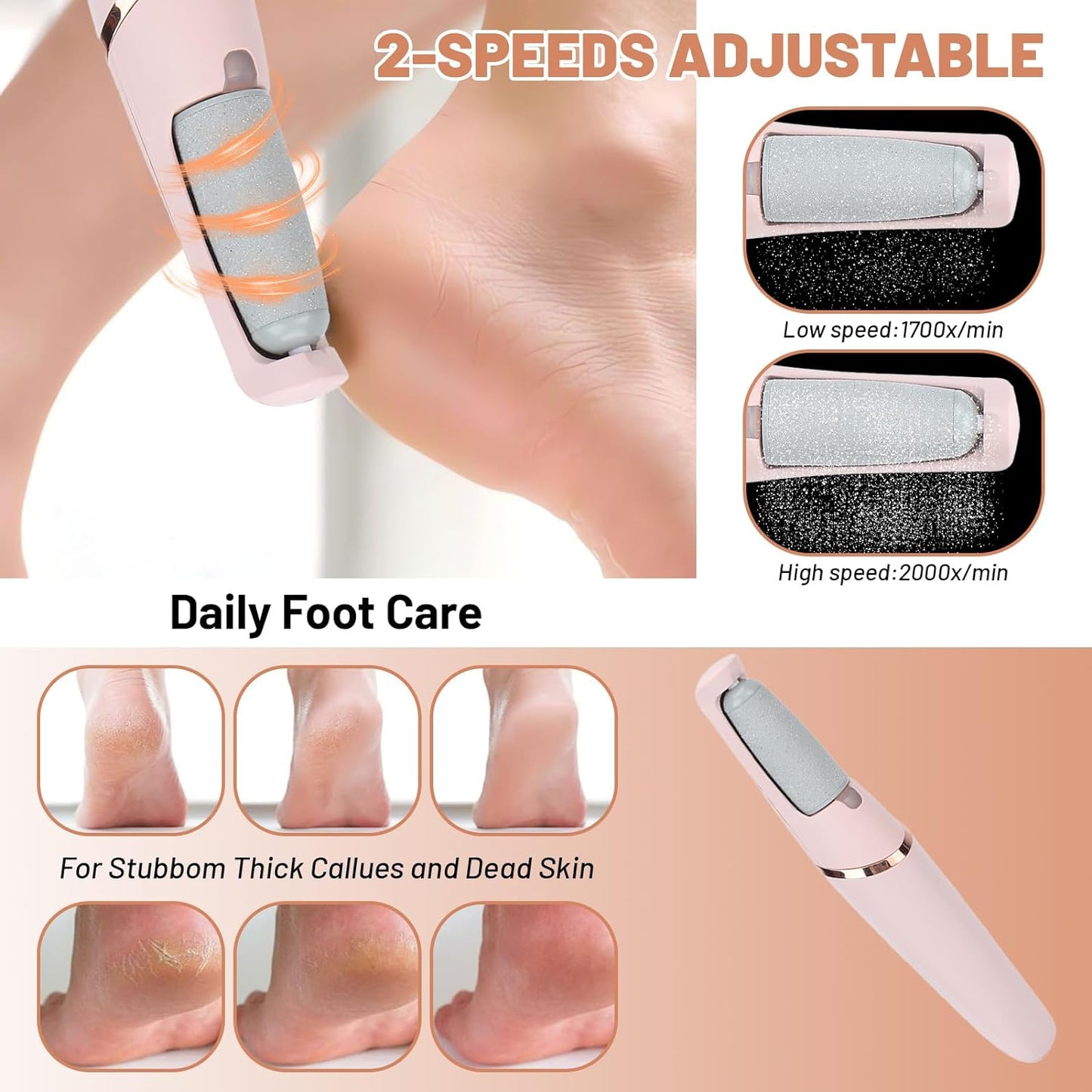 Electric Foot Callus Removers, Portable Rechargeable Smooth Pedicure Wand Professional Pedicure Tools, 2 Grinding Heads Waterproof Foot Scrubber File for Dry Cracked Heels, Calluses and Dead Skin