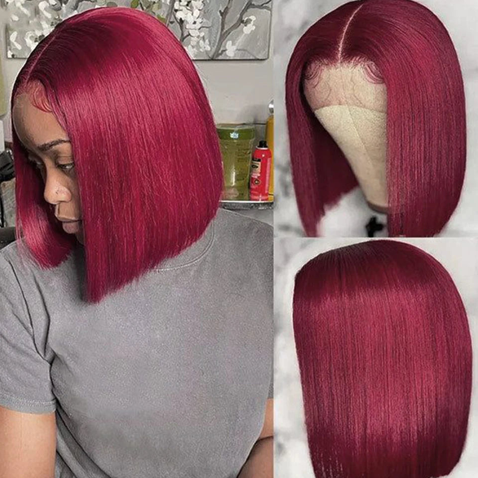 Burgundy HD Transparent Short Bob Human Hair Wig