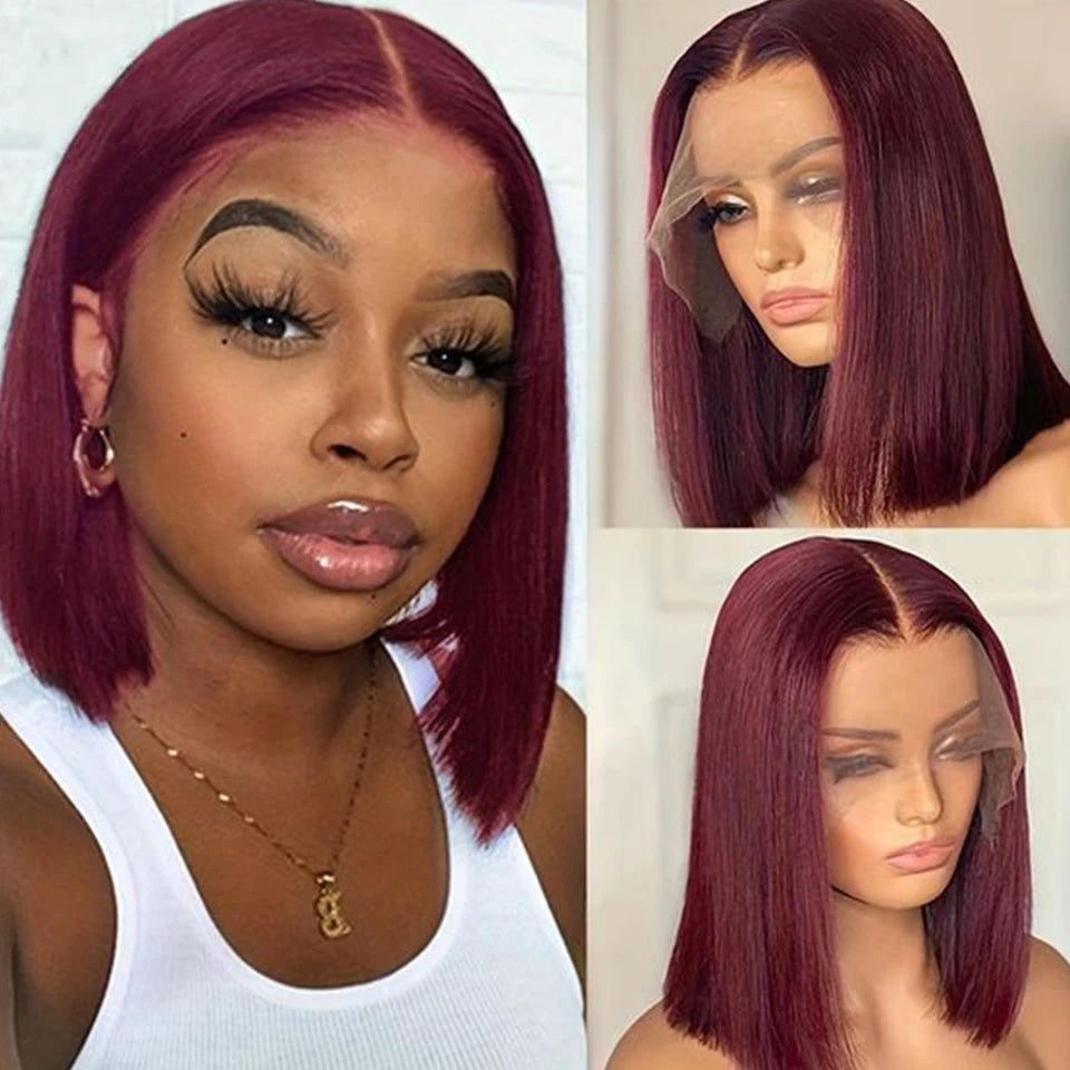 Burgundy HD Transparent Short Bob Human Hair Wig