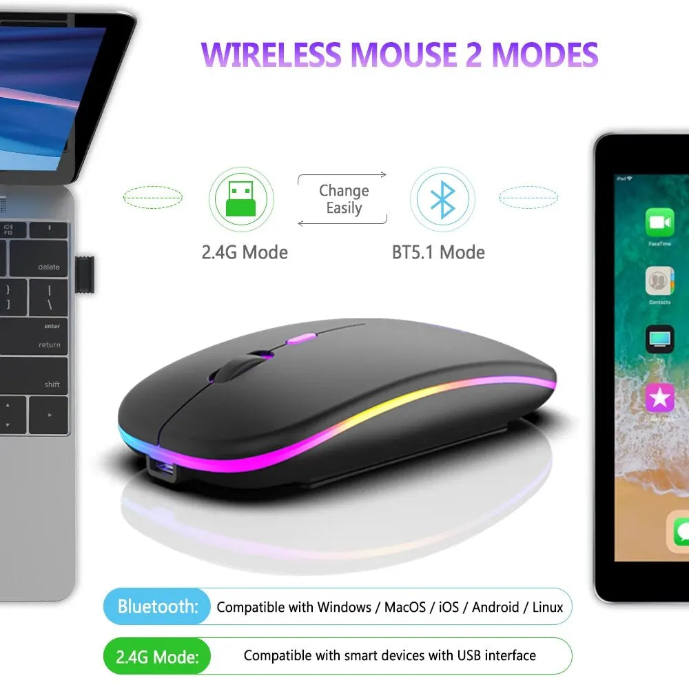 Wireless Mouse Bluetooth and 2.4GHz Rechargeable RGB Ergonomic Silent Click