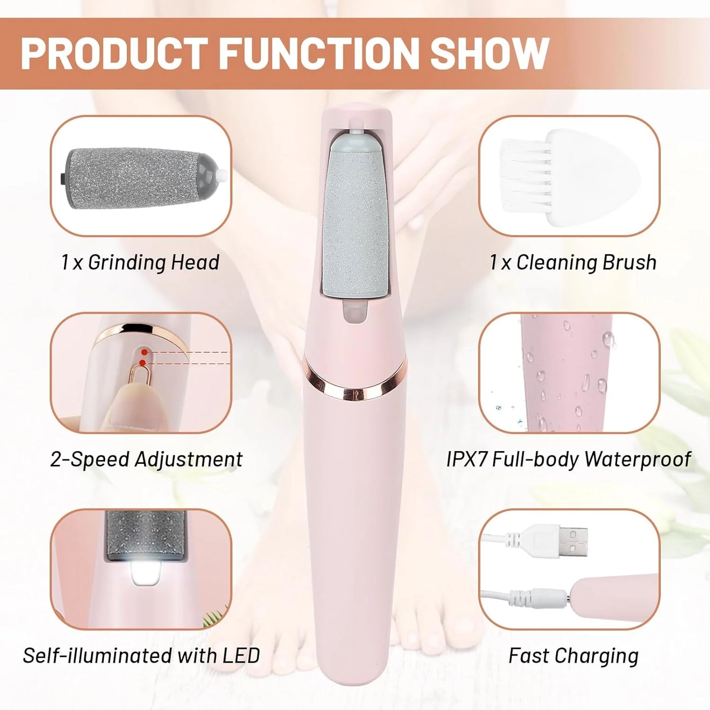 Electric Foot Callus Removers, Portable Rechargeable Smooth Pedicure Wand Professional Pedicure Tools, 2 Grinding Heads Waterproof Foot Scrubber File for Dry Cracked Heels, Calluses and Dead Skin